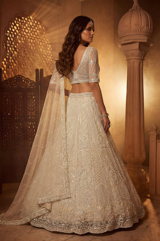 Stylish Off White Net Heavy Embroidered Lehenga Choli with Designer Dupatta for Wedding