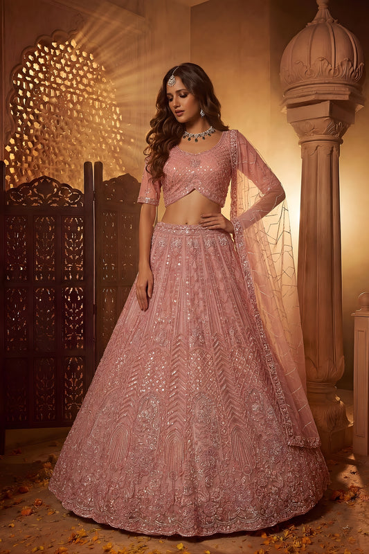 Lovely Pink Net Heavy Embroidered Lehenga Choli with Designer Dupatta for Wedding