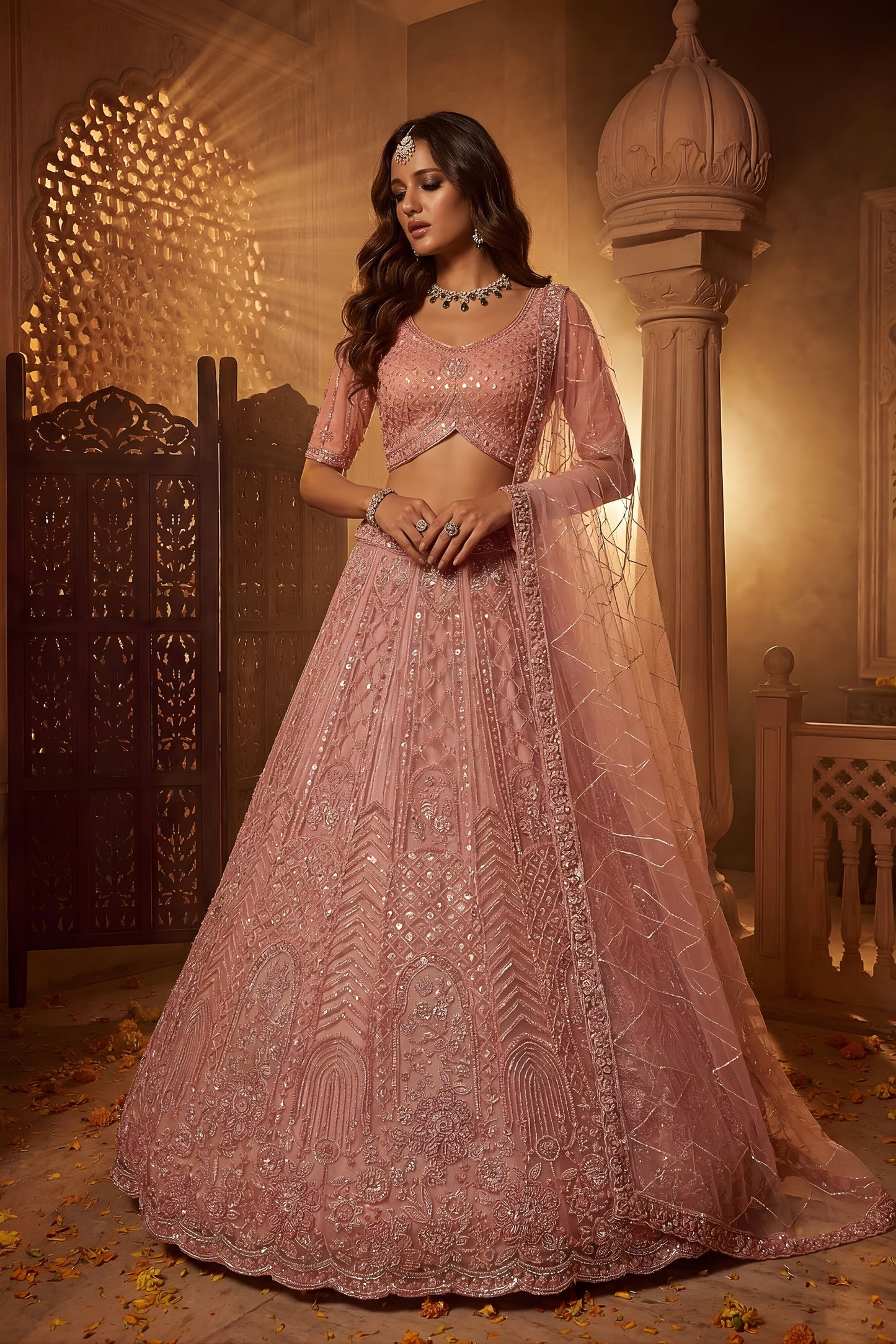 Lovely Pink Net Heavy Embroidered Lehenga Choli with Designer Dupatta for Wedding