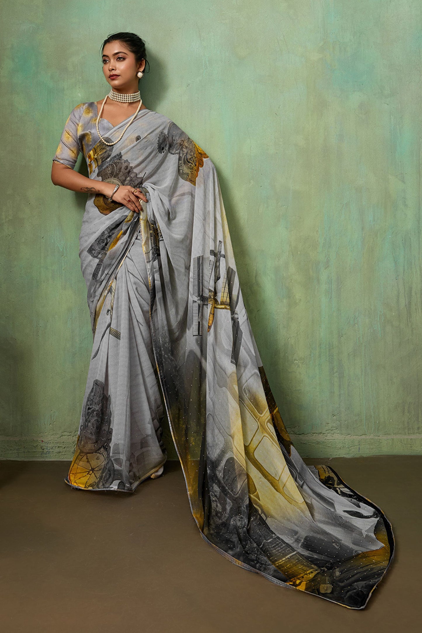 Grey Digital Printed Georgette Saree with Abstract Designer Pattern