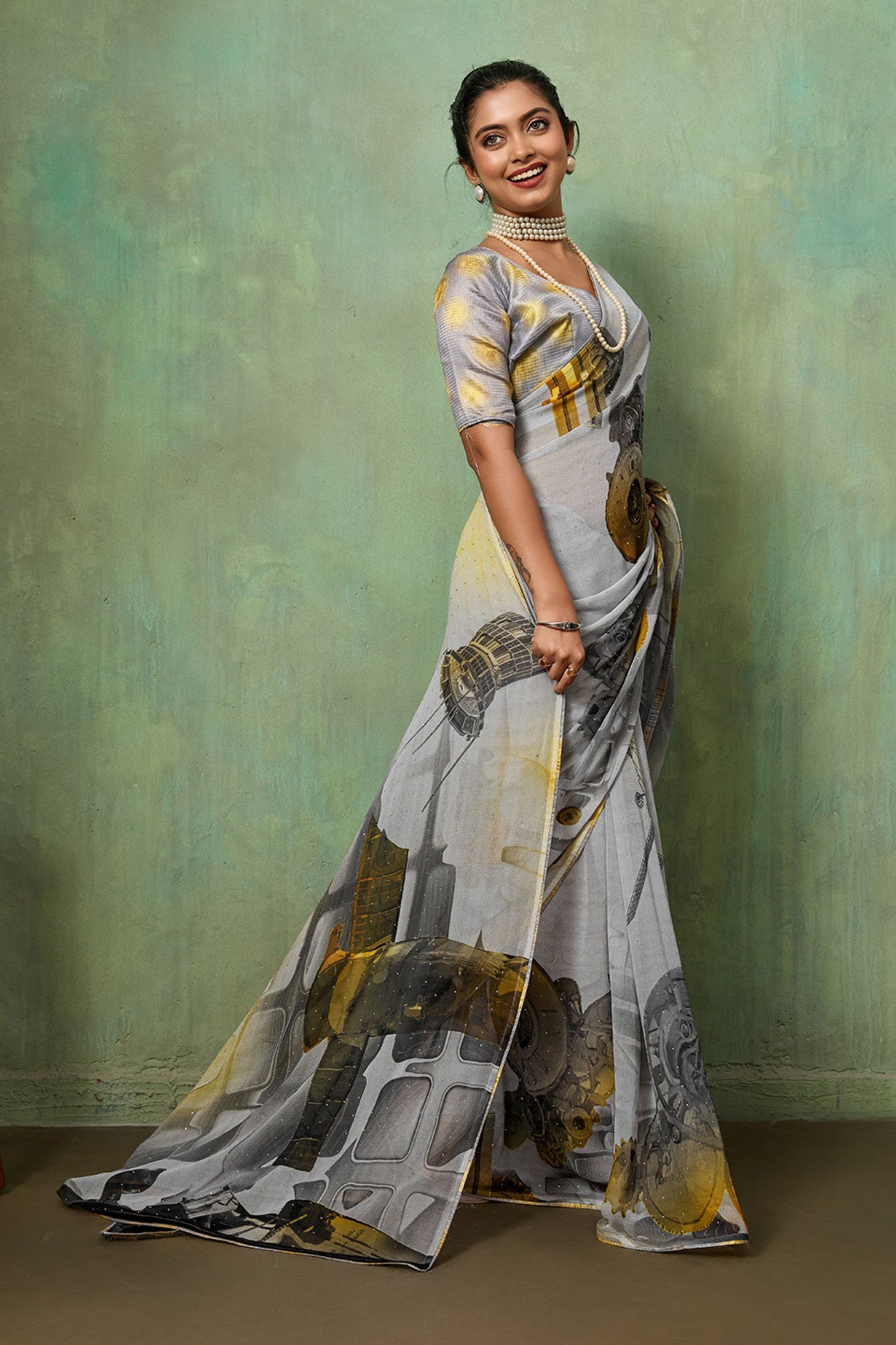 Grey Digital Printed Georgette Saree with Abstract Designer Pattern
