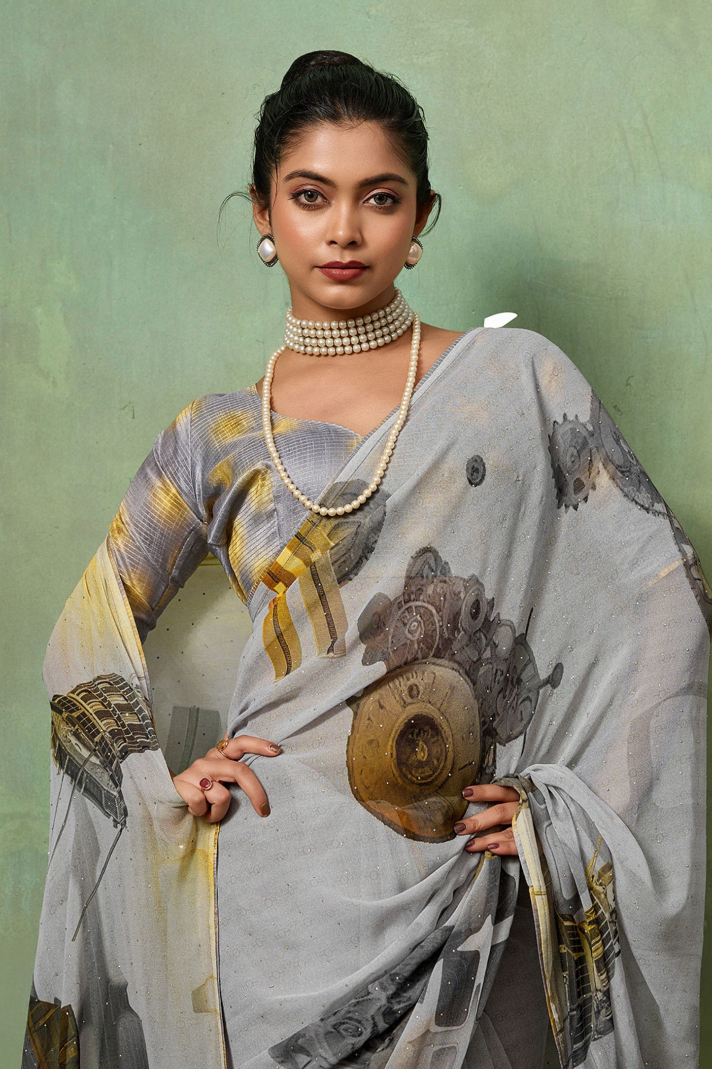 Grey Digital Printed Georgette Saree with Abstract Designer Pattern