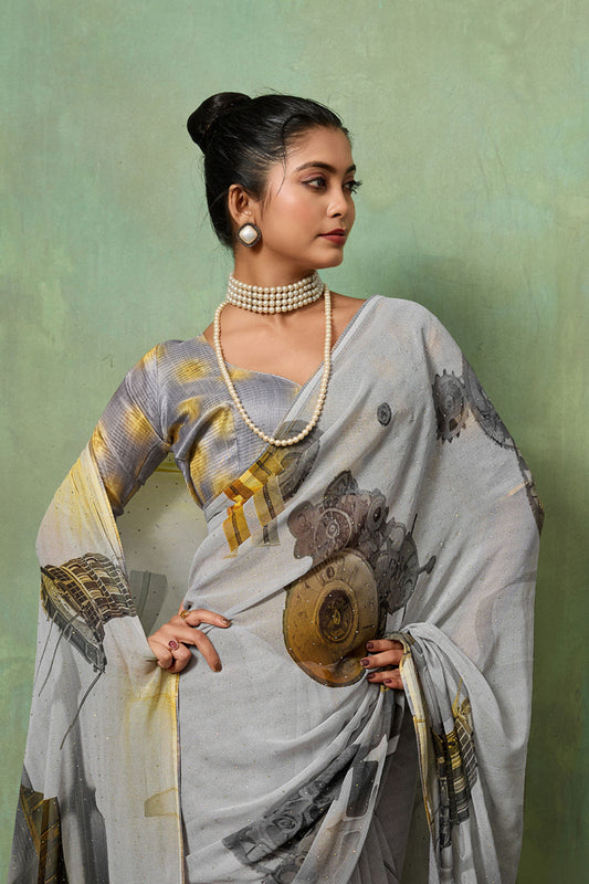 Grey Digital Printed Georgette Saree with Abstract Designer Pattern