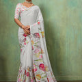  White Floral Digital Printed Georgette Saree Matching Printed Blouse