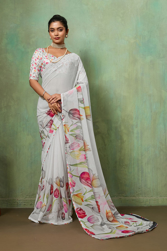  White Floral Digital Printed Georgette Saree Matching Printed Blouse