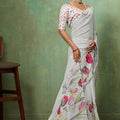  White Floral Digital Printed Georgette Saree Matching Printed Blouse