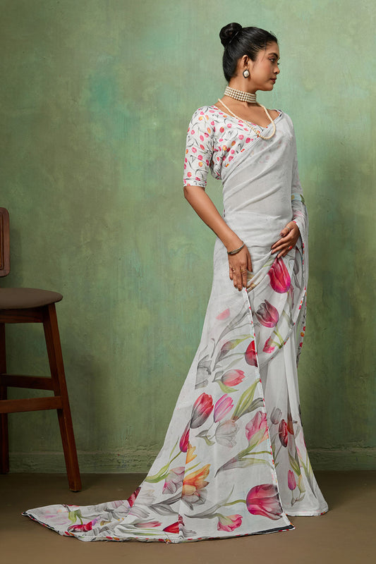  White Floral Digital Printed Georgette Saree Matching Printed Blouse