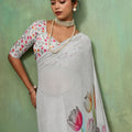 White Floral Digital Printed Georgette Saree Matching Printed Blouse