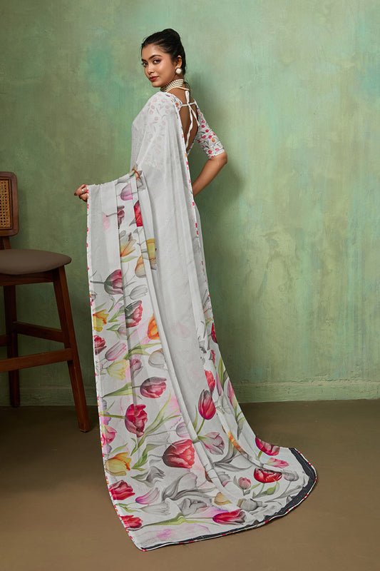 White Floral Digital Printed Georgette Saree Matching Printed Blouse