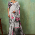  Grey Abstract Digital Printed Georgette Saree with Pink Designer
