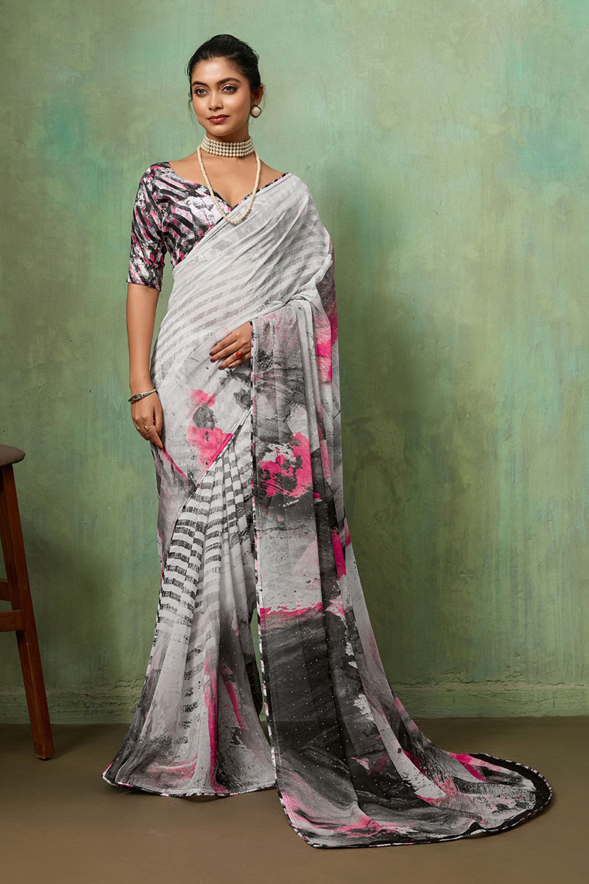  Grey Abstract Digital Printed Georgette Saree with Pink Designer