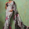 Grey Abstract Digital Printed Georgette Saree with Pink Designer