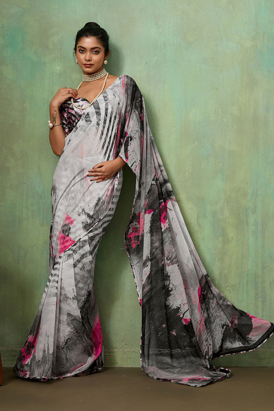 Grey Abstract Digital Printed Georgette Saree with Pink Designer