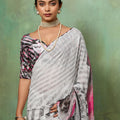 Grey Abstract Digital Printed Georgette Saree with Pink Designer