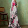 Grey Abstract Digital Printed Georgette Saree with Pink Designer