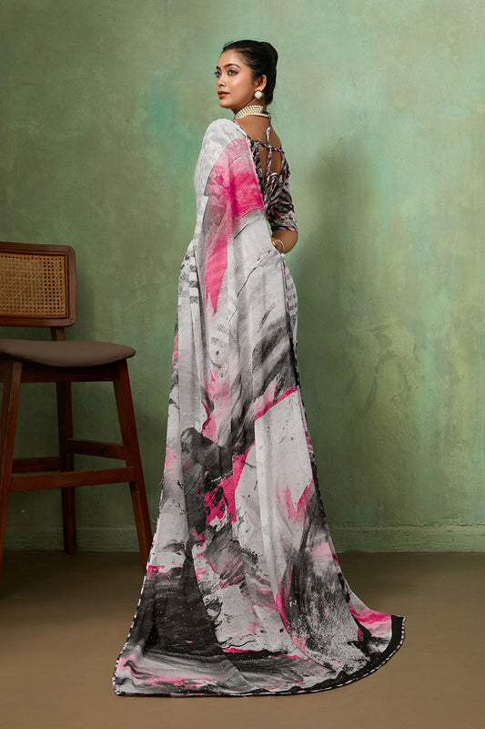 Grey Abstract Digital Printed Georgette Saree with Pink Designer
