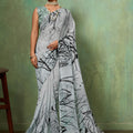 Grey Georgette Saree Black Nature Digital Print Designer Blouse