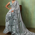 Grey Georgette Saree Black Nature Digital Print Designer Blouse