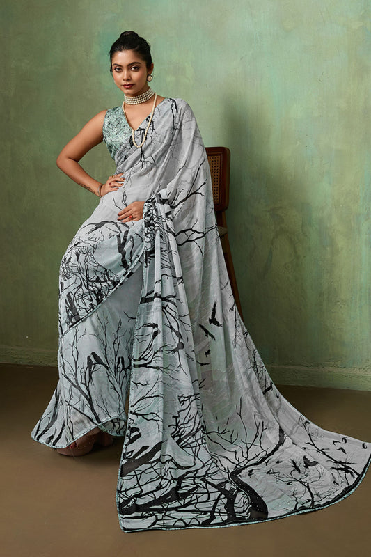 Grey Georgette Saree Black Nature Digital Print Designer Blouse