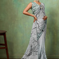 Grey Georgette Saree Black Nature Digital Print Designer Blouse