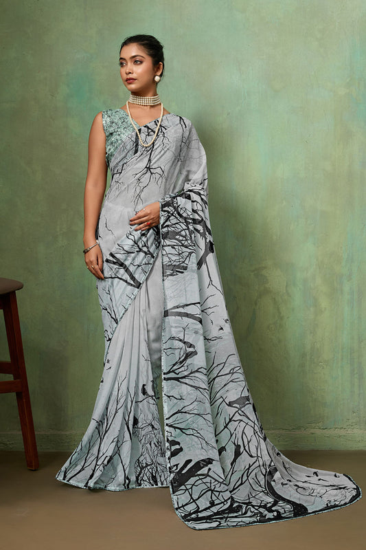 Grey Georgette Saree Black Nature Digital Print Designer Blouse