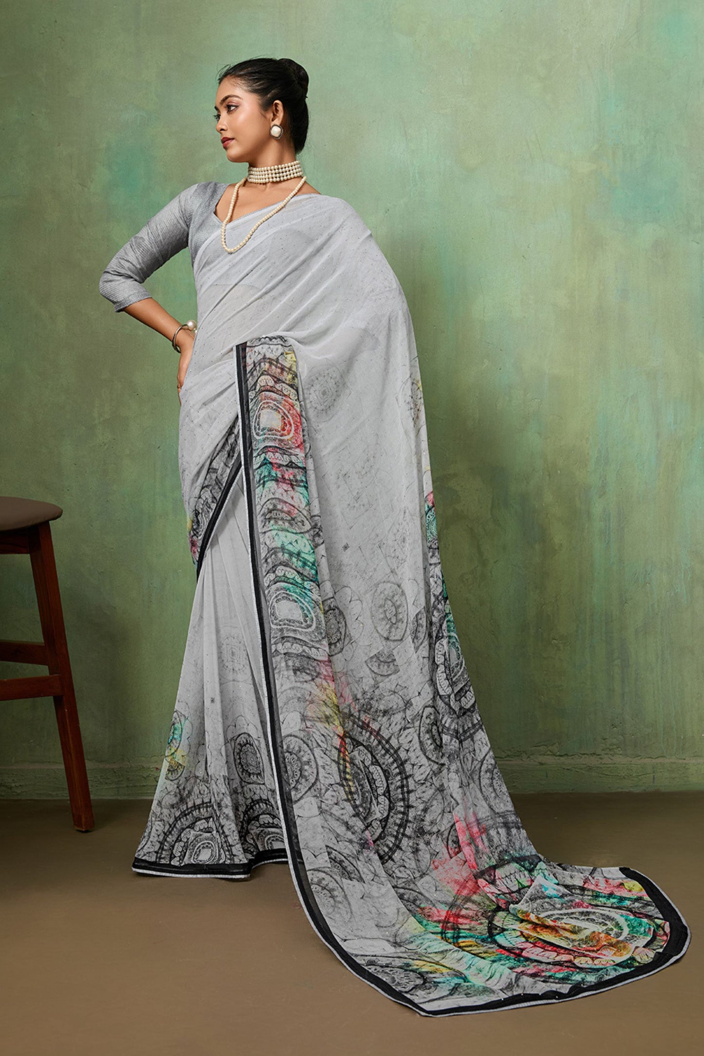 Grey Georgette Saree Multicolor Abstract Digital Print Designer Blouse