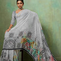 Grey Georgette Saree Multicolor Abstract Digital Print Designer Blouse