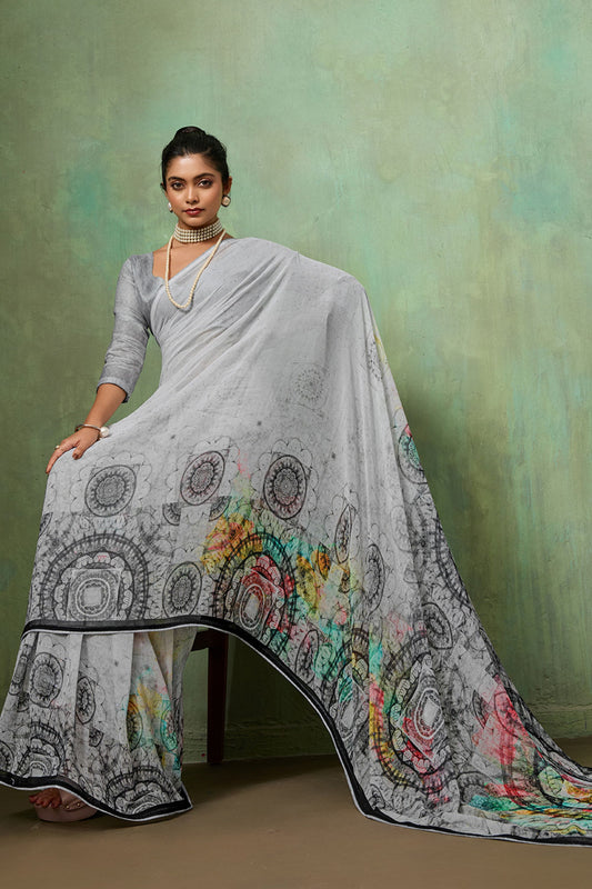 Grey Georgette Saree Multicolor Abstract Digital Print Designer Blouse