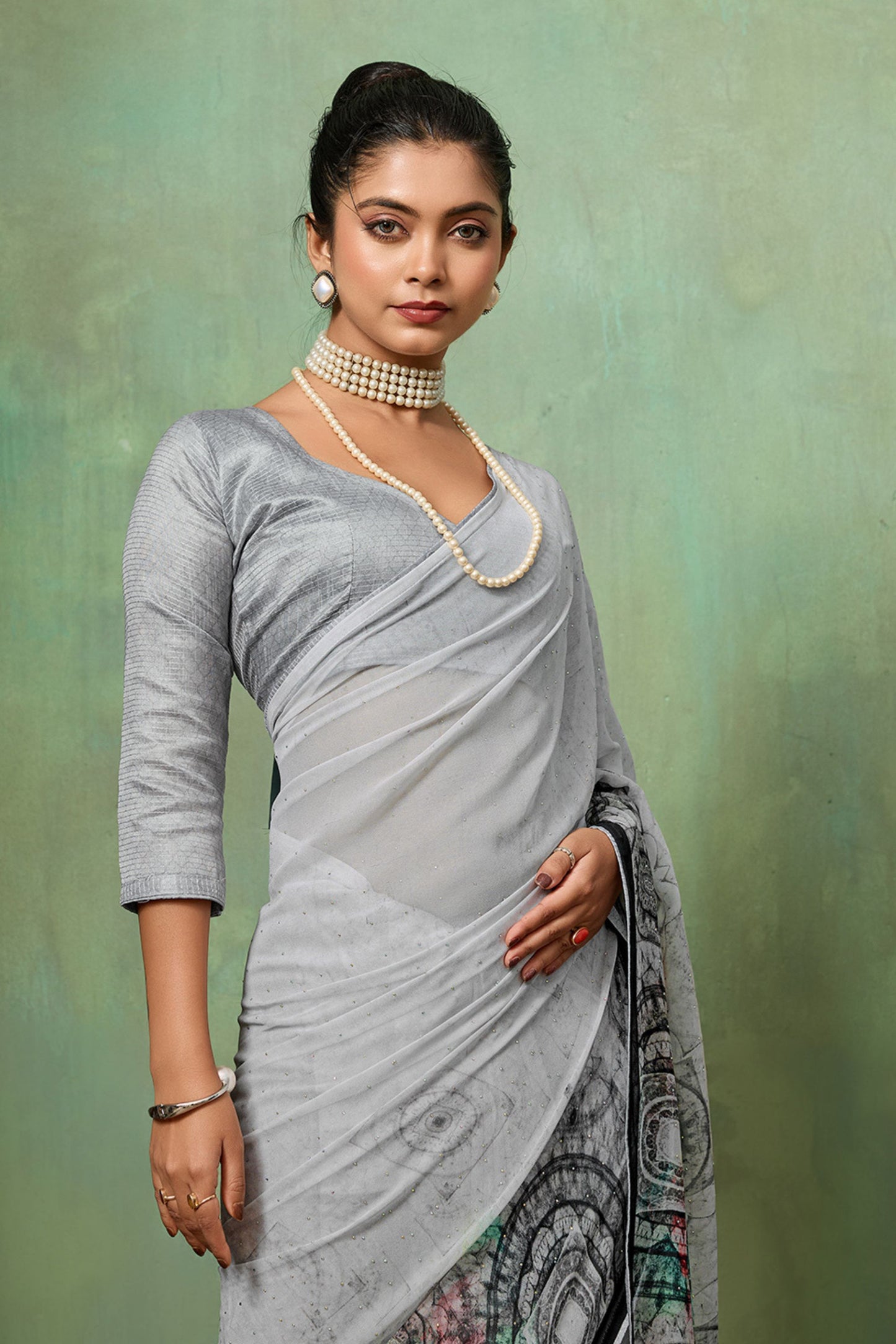 Grey Georgette Saree Multicolor Abstract Digital Print Designer Blouse