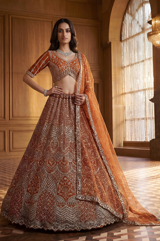 Royal Rust Orange Heavy Embroidered Lehenga Choli with Designer Net Dupatta for Wedding