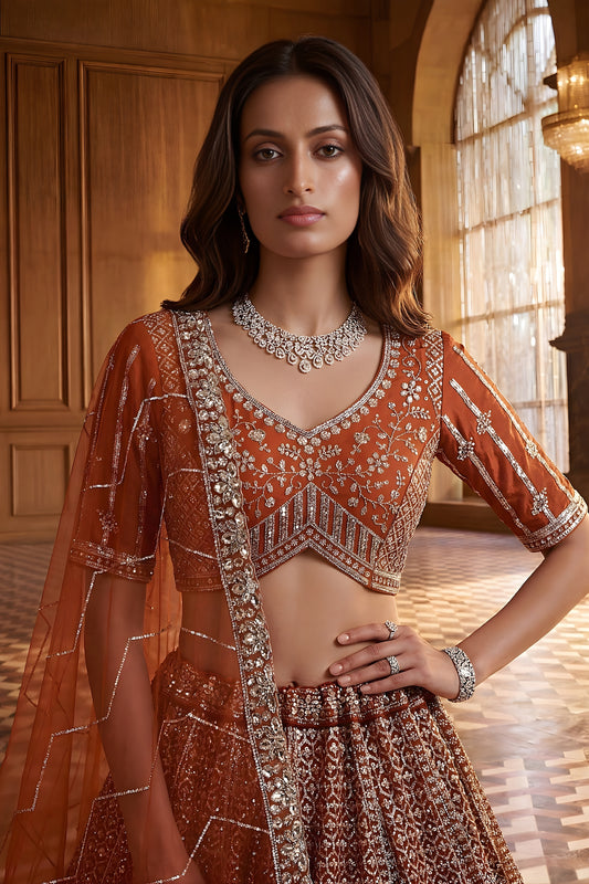 Royal Rust Orange Heavy Embroidered Lehenga Choli with Designer Net Dupatta for Wedding