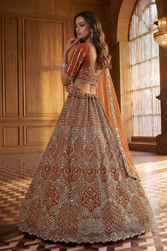 Royal Rust Orange Heavy Embroidered Lehenga Choli with Designer Net Dupatta for Wedding