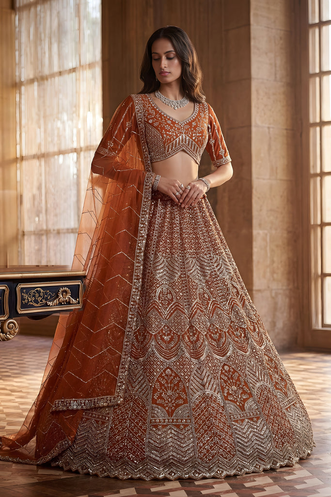 Royal Rust Orange Heavy Embroidered Lehenga Choli with Designer Net Dupatta for Wedding