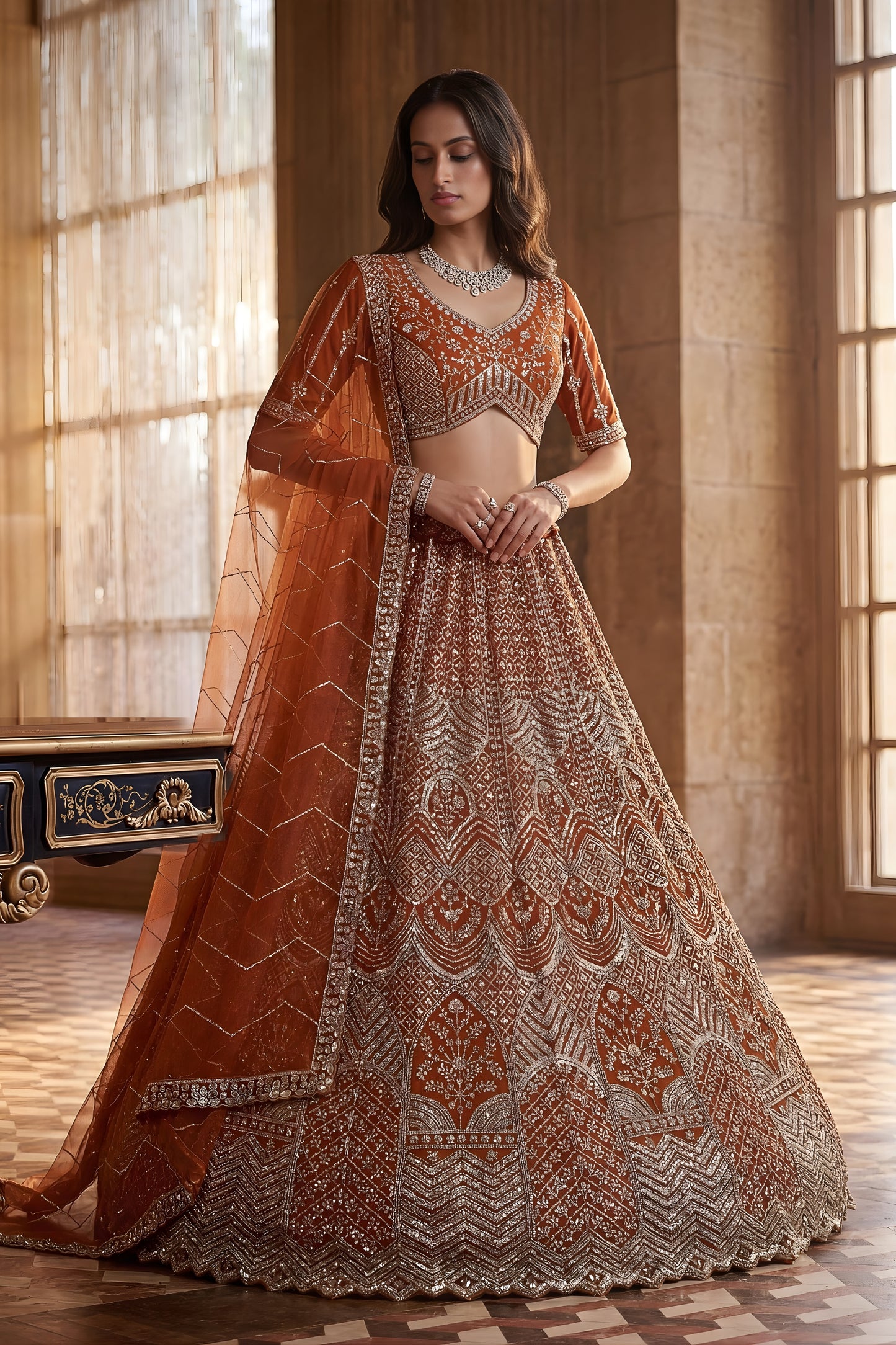 Royal Rust Orange Heavy Embroidered Lehenga Choli with Designer Net Dupatta for Wedding