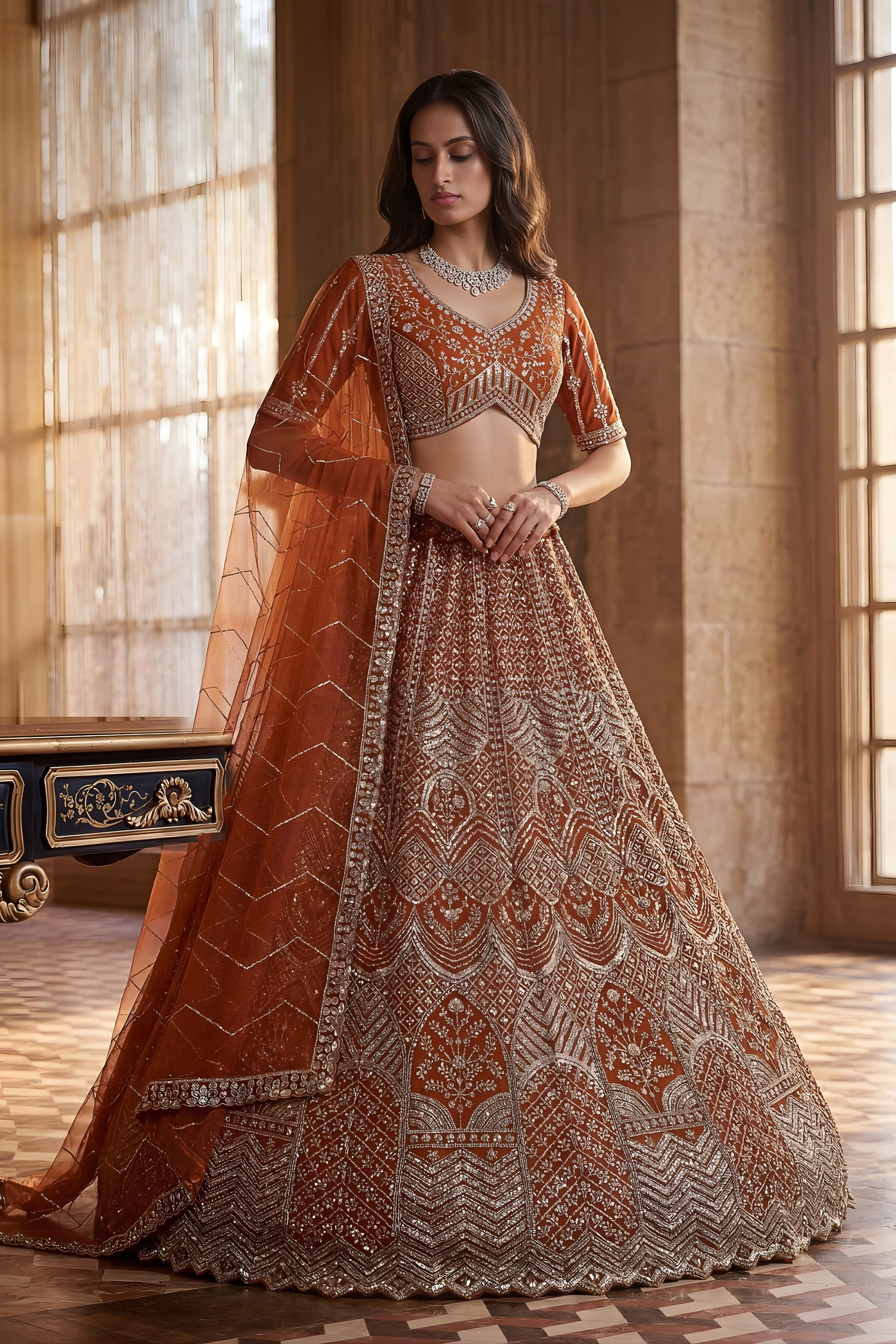 Royal Rust Orange Heavy Embroidered Lehenga Choli with Designer Net Dupatta for Wedding