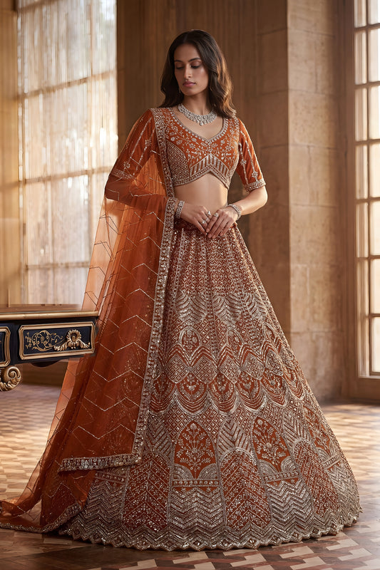 Royal Rust Orange Heavy Embroidered Lehenga Choli with Designer Net Dupatta for Wedding