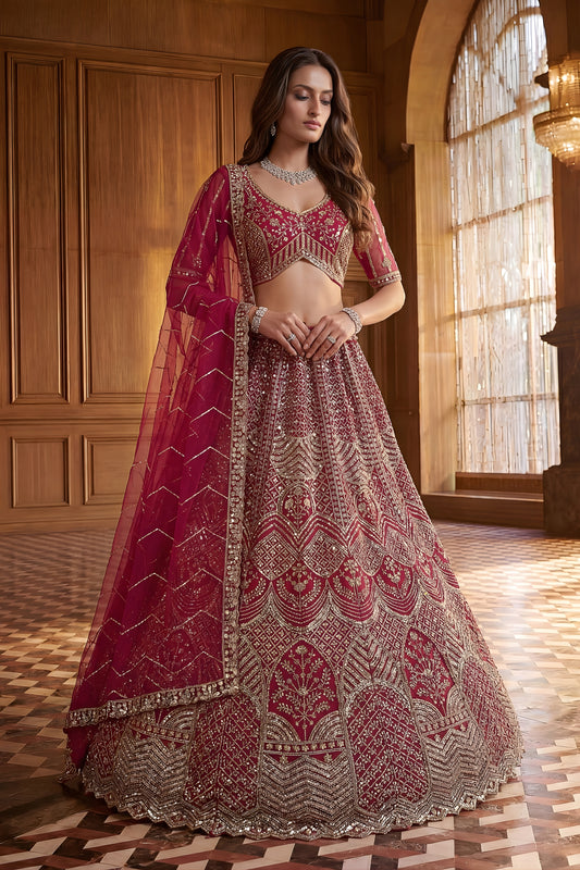 Stylish Rani Pink Heavy Embroidered Lehenga Choli with Designer Net Dupatta for Wedding