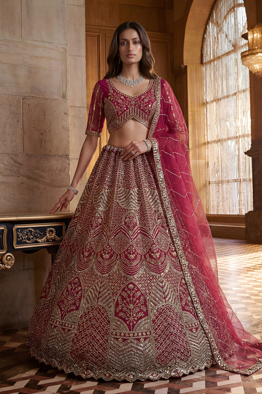Stylish Rani Pink Heavy Embroidered Lehenga Choli with Designer Net Dupatta for Wedding