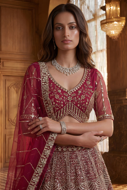 Stylish Rani Pink Heavy Embroidered Lehenga Choli with Designer Net Dupatta for Wedding