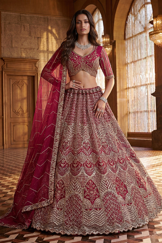 Stylish Rani Pink Heavy Embroidered Lehenga Choli with Designer Net Dupatta for Wedding