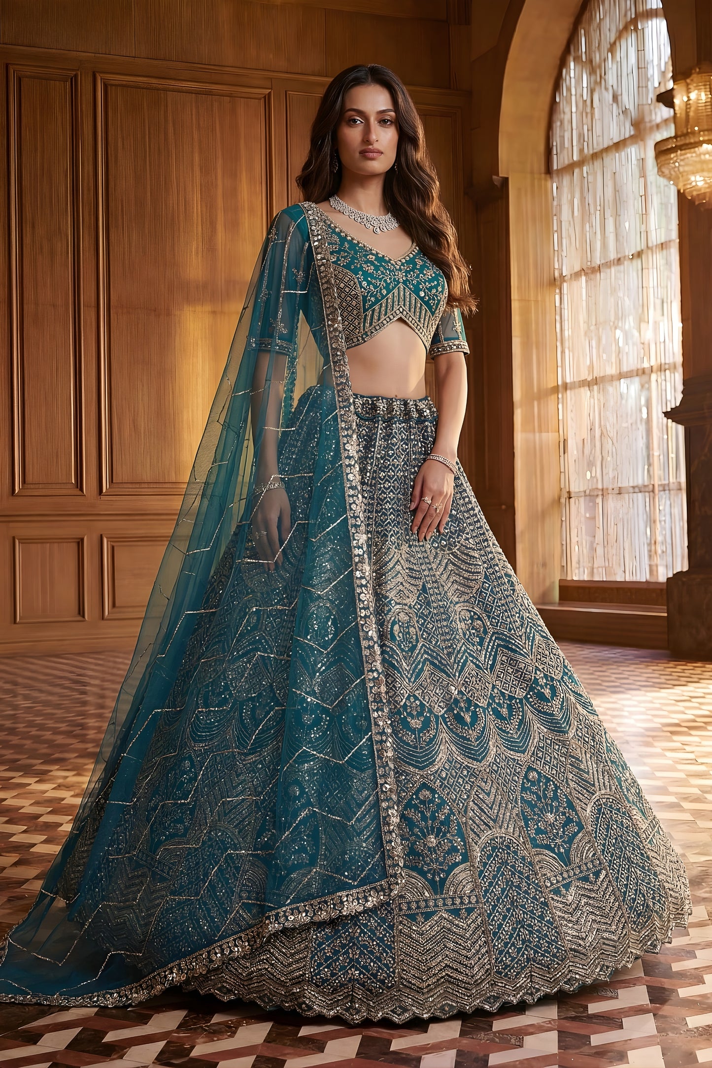 Elegant Teal Blue Heavy Embroidered Lehenga Choli with Designer Net Dupatta for Wedding