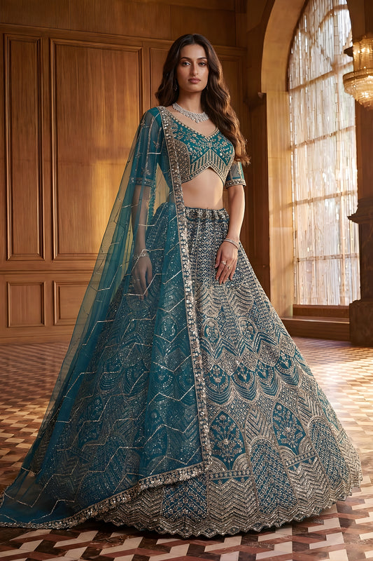 Elegant Teal Blue Heavy Embroidered Lehenga Choli with Designer Net Dupatta for Wedding