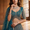 Elegant Teal Blue Heavy Embroidered Lehenga Choli with Designer Net Dupatta for Wedding