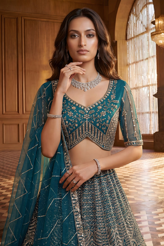 Elegant Teal Blue Heavy Embroidered Lehenga Choli with Designer Net Dupatta for Wedding