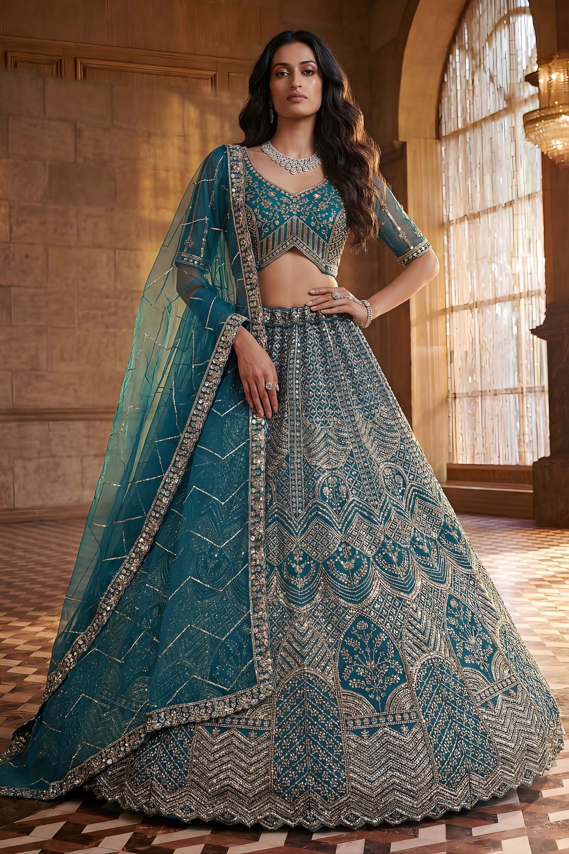 Elegant Teal Blue Heavy Embroidered Lehenga Choli with Designer Net Dupatta for Wedding