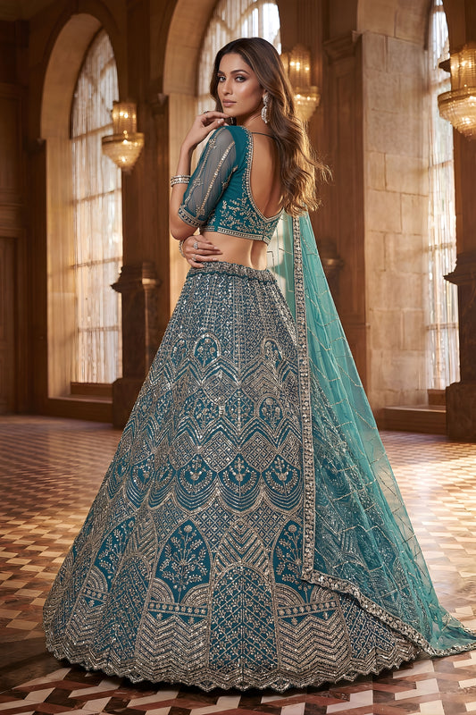 Elegant Teal Blue Heavy Embroidered Lehenga Choli with Designer Net Dupatta for Wedding