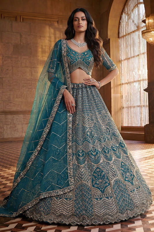 Elegant Teal Blue Heavy Embroidered Lehenga Choli with Designer Net Dupatta for Wedding