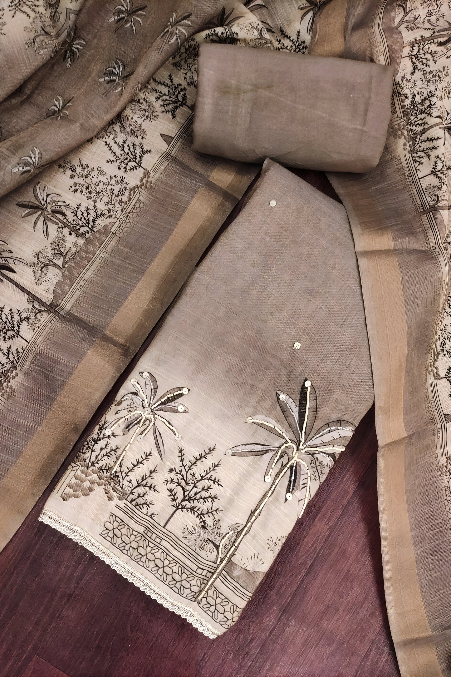 Trendy Coffee Brown Linen Cotton Semi-Stitched Straight Salwar Suit with Printed Dupatta