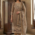 Trendy Coffee Brown Linen Cotton Semi-Stitched Straight Salwar Suit with Printed Dupatta