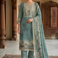 Admirable Teal Blue Linen Cotton Semi-Stitched Straight Salwar Suit with Printed Dupatta